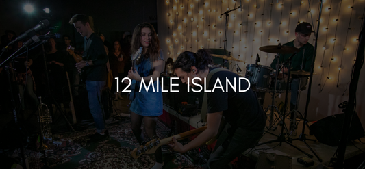 Text reads 12 Mile Island on black overlayed image of a band playing in front of twinkly lights.