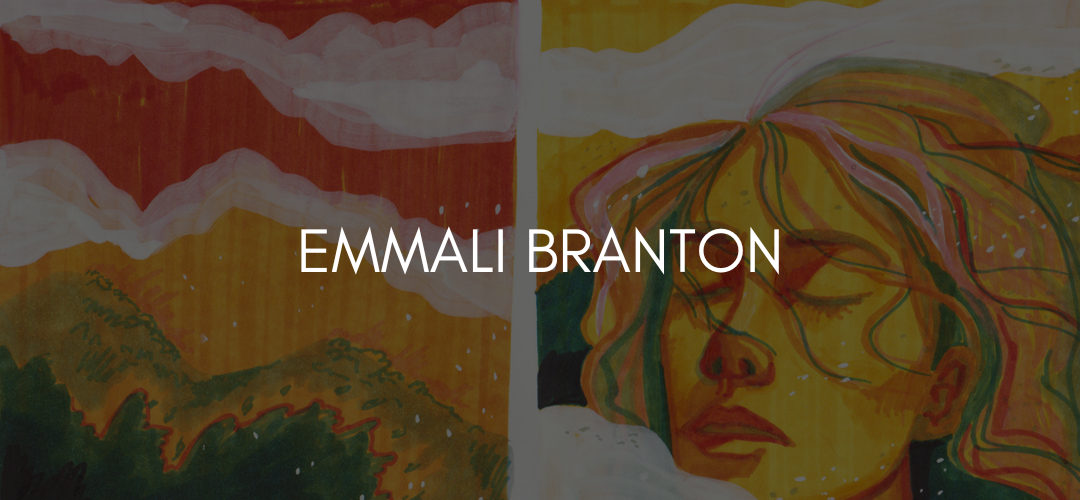 Text reads Emmali Branton on black overlayed image of a painting with a landscape on the left and a person dreaming on the right.