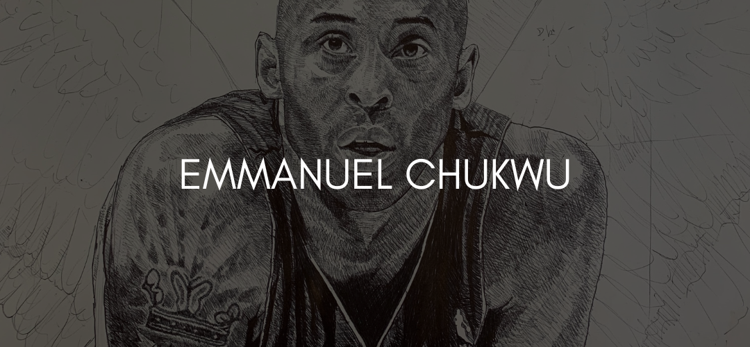 Text reads Emmanuel Chukwu on black overlayed image of a drawing of Kobe with angel wings.