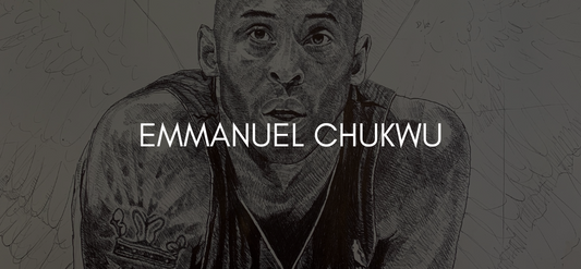 Text reads Emmanuel Chukwu on black overlayed image of a drawing of Kobe with angel wings.