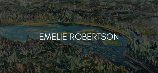 Text reads Emelie Robertson on black overlay of abstract landscape painting