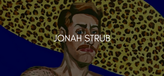 Text reads Jonah Strub on a black overlayed image of a painting of a person dressed in a large cheetah print hat.