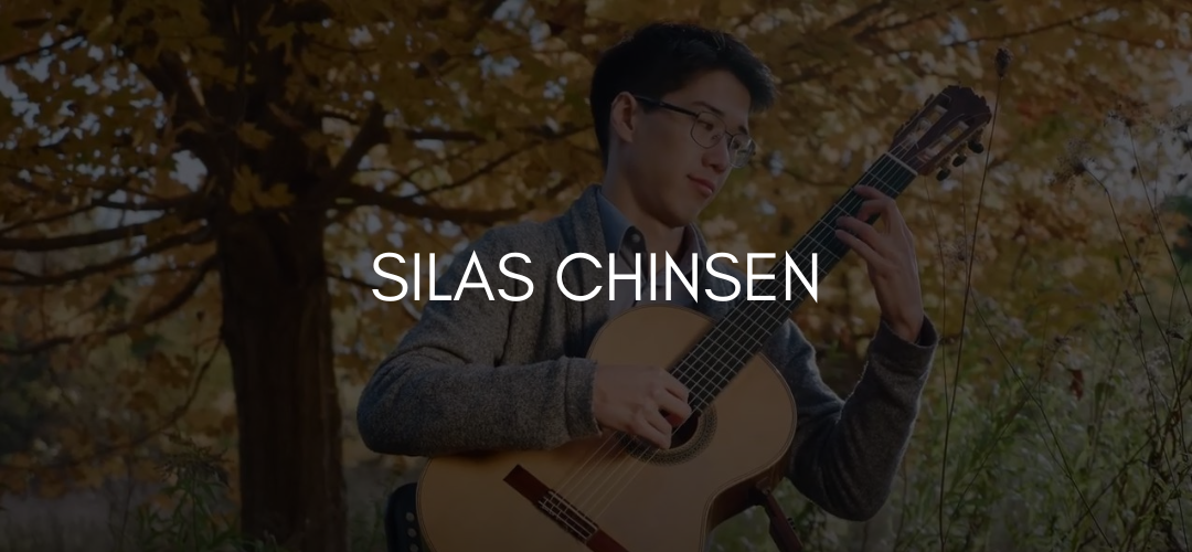 Text reads Silas Chinsen on a black overlayed image of a person playing guitar outside.