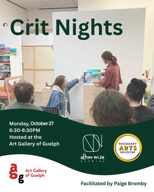 Text reads Crit Nights, Monday, October 27, 6:30 - 8:30 p.m. hosted at the Art Gallery of Guelph. Logos for Otherwise Studios, Necessary Arts, and Art Gallery of Guelph. Facilitated by Paige Bromby. photo of two people pointing at artwork.