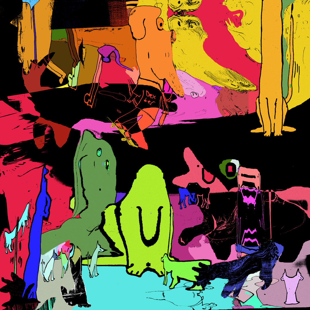 Colourful abstract image in yellows, oranges, pinks, and greens. Figures slightly resembling animals or humans.