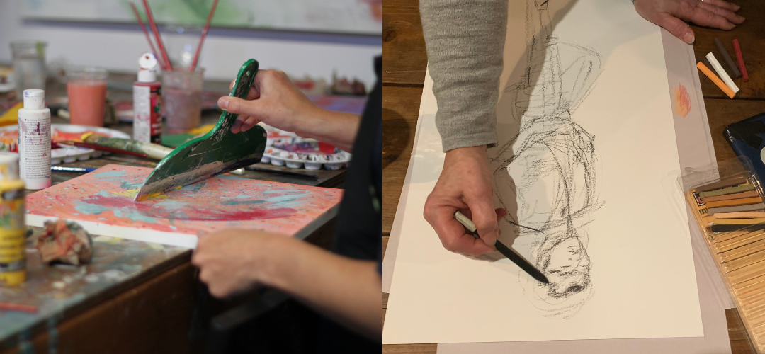 Two photos. On the left, close up of hand painting on an abstract canvas. On the right, close up of a hand drawing a person.