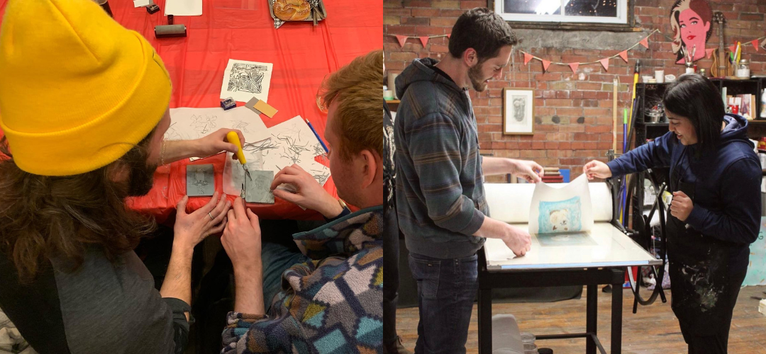 Two photos. On the left, two people work on a linoblock print carving. On the right, two people pull up a print from a press.