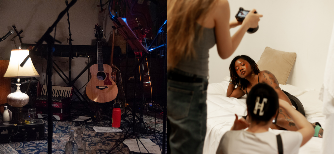 Two photos. On the left, a collection of instruments sit on a blue carpet. On the right, a person sits on a bed while two people take photos.