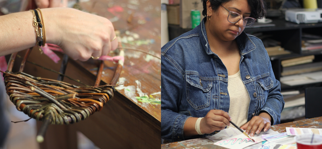 Two photos. On the left, close up of a hand weaving a natural basket with willow. On the right, a person paints with ink.