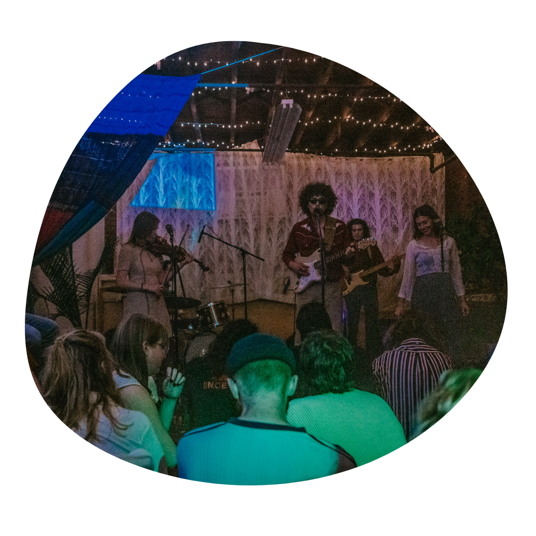 Two guitar players, a singer, a violinist, and a drummer stand infront of a crowd of people, illuminated by blue and purple projections.