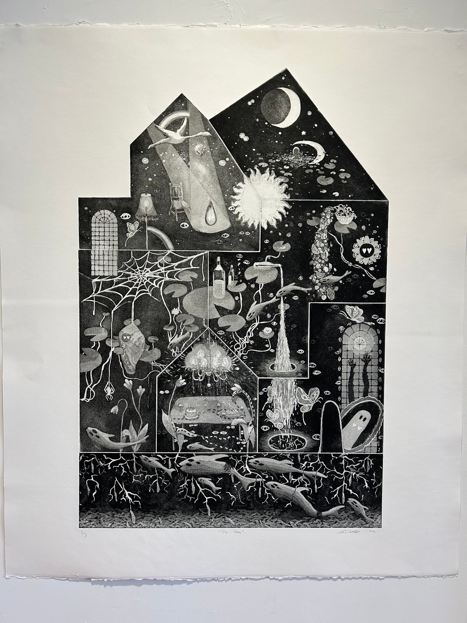 Large black and white etching print with 7 sections showing moon and sun, stars, ghosts, and the underground.