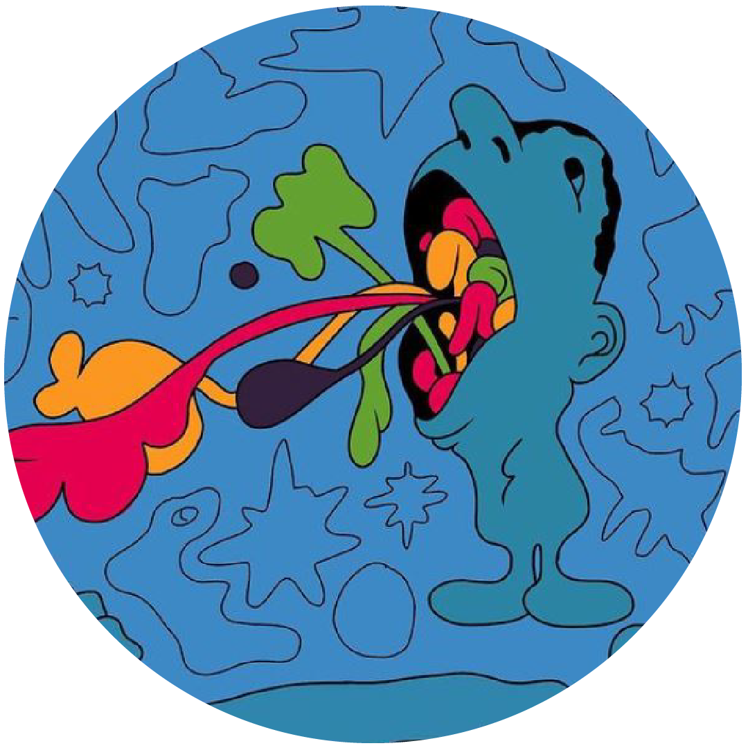 Circular blue illustration with an image of an abstract human opening their mouth with many different coloured tongues coming out.