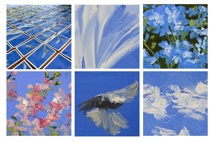 A grid of 6 images in mostly blue. The images are oil painted imagery of birds, flowers, and clouds.