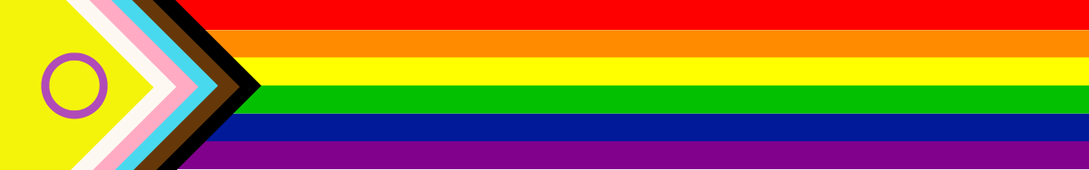 Progress pride flag with red, orange, yellow, green, blue, purple, black, brown, light blue, pink, white, and yellow stripes with a purple circle on the left.