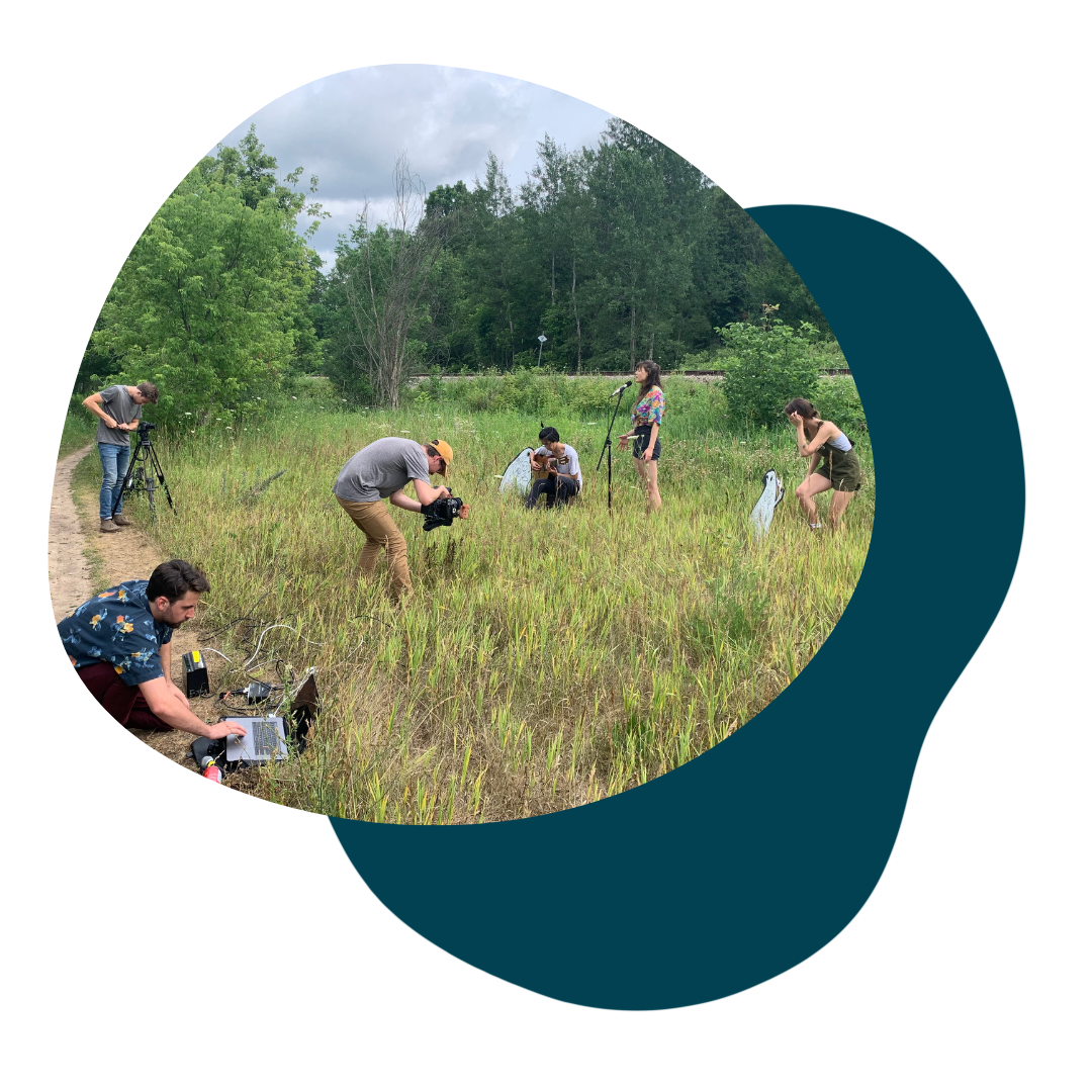 People in a field. One person plays a guitar, one sings, one is making art, one is at a computer, and two hold cameras. A navy blue blob shape behind the image is an accent.