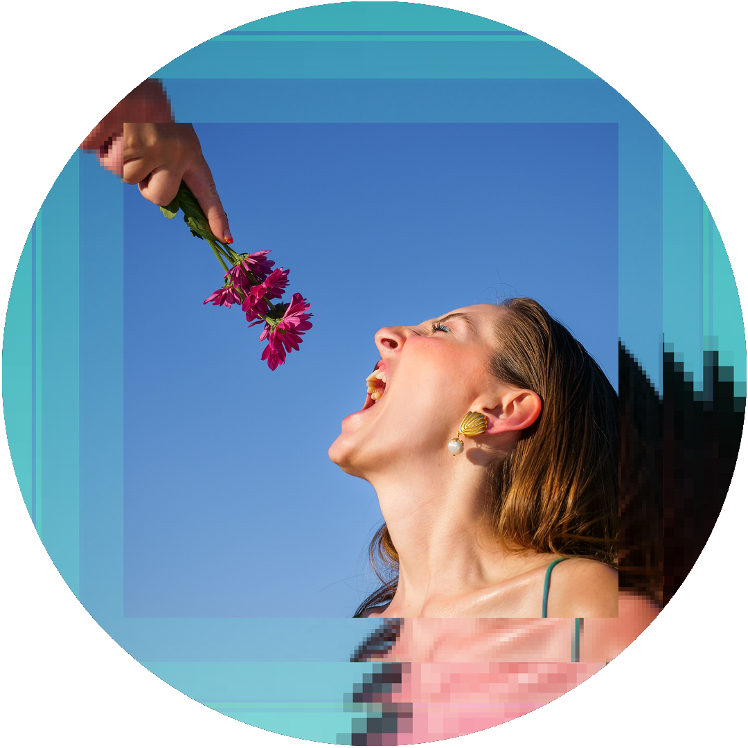 Circular image of a person reaching to bite a flower, repeated on top of itself.