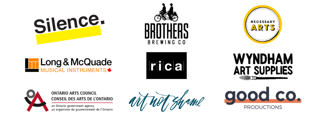 Grid of sponsor logos including Silence, Brothers Brewing, Necessary Arts, Long & McQuade, RICA, Wyndham Art Supplies, Ontario Arts Council, Art Not Shame, and Good Company Productions.