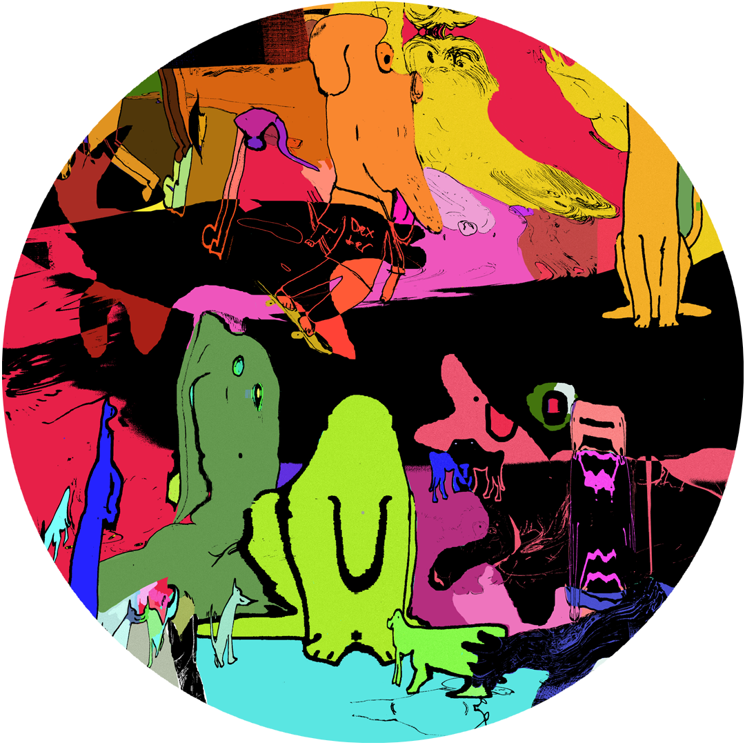 Circular image of a colourful abstract illustration, with shapes resembling humans and animals.