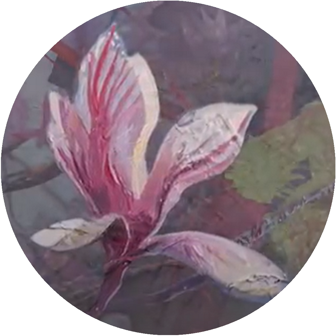 Circular image of a painting of a pink flower.