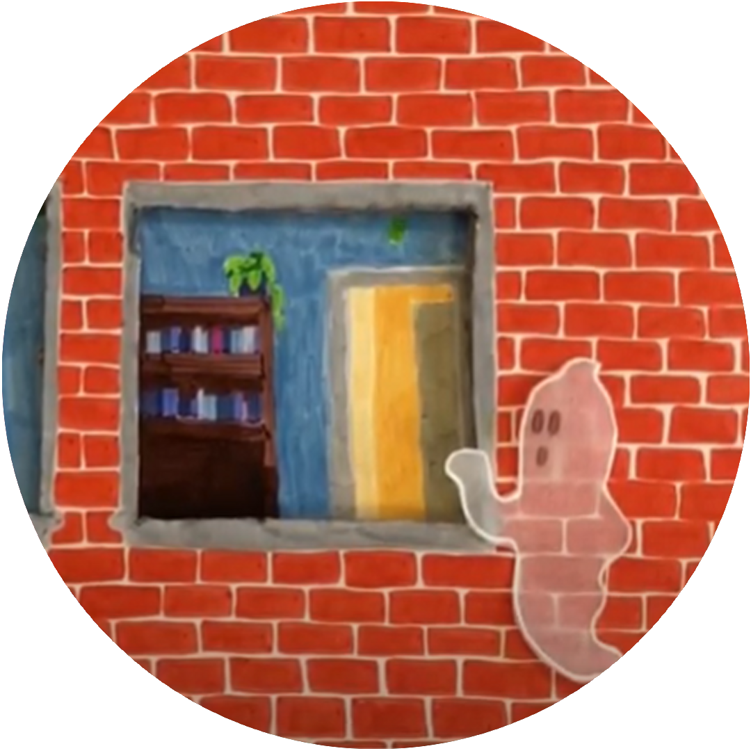 Circular image of an illustration of a brick wall with a window, and a ghost looking into the window.