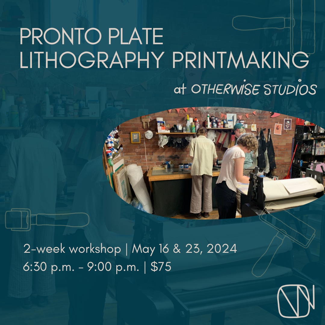 Text reads Pronto Plate Lithography Printmaking at Otherwise Studios.2-week workshop, May 16 & 23, 2024. 6:30 p.m. - 9 p.m., $75. Photo of three people printing in the Otherwise Studios print shop