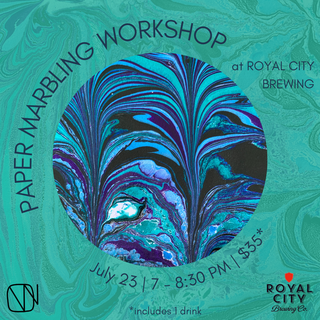 Text reads Paper Marbling Workshop at Royal City Brewing July 25, 7 - 8:30 p.m. $35. Includes 1 drink.